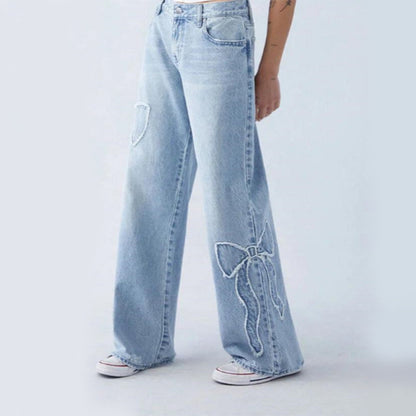 Bow Embroidered Wide-Leg Jeans