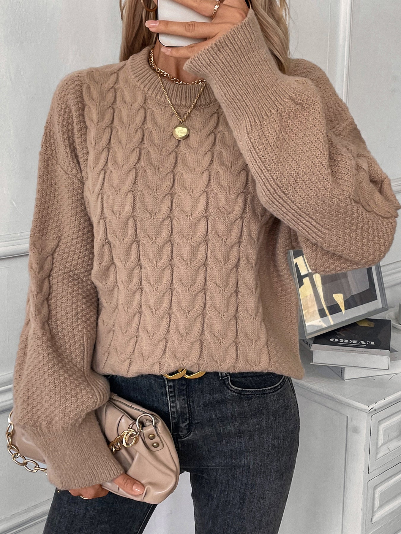 Cable-Knit Round Neck Sweater