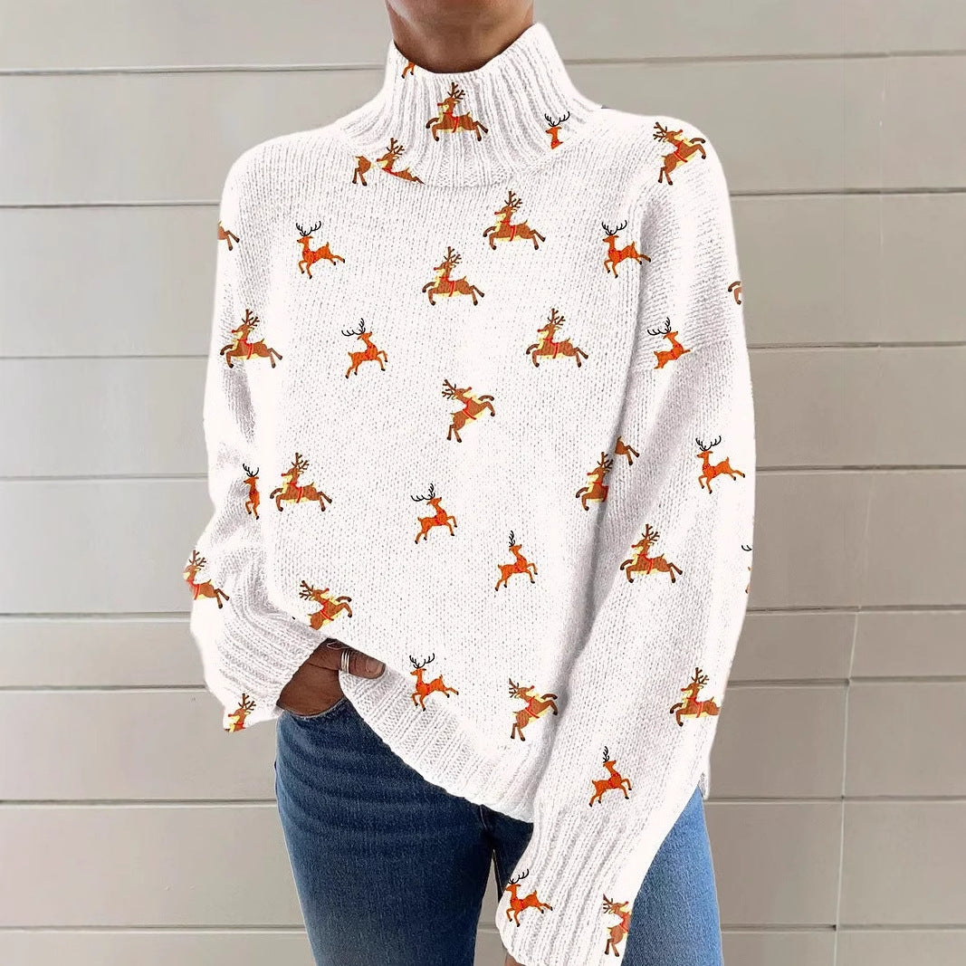 Reindeer Print Turtleneck Sweater