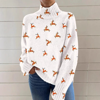 Reindeer Print Turtleneck Sweater
