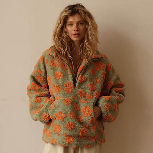 Floral Lambskin Zip-Up Pullover with Pocket