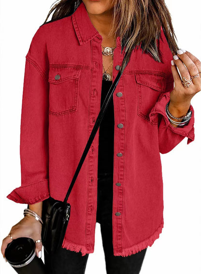 Frayed Hem Washed Denim Jacket