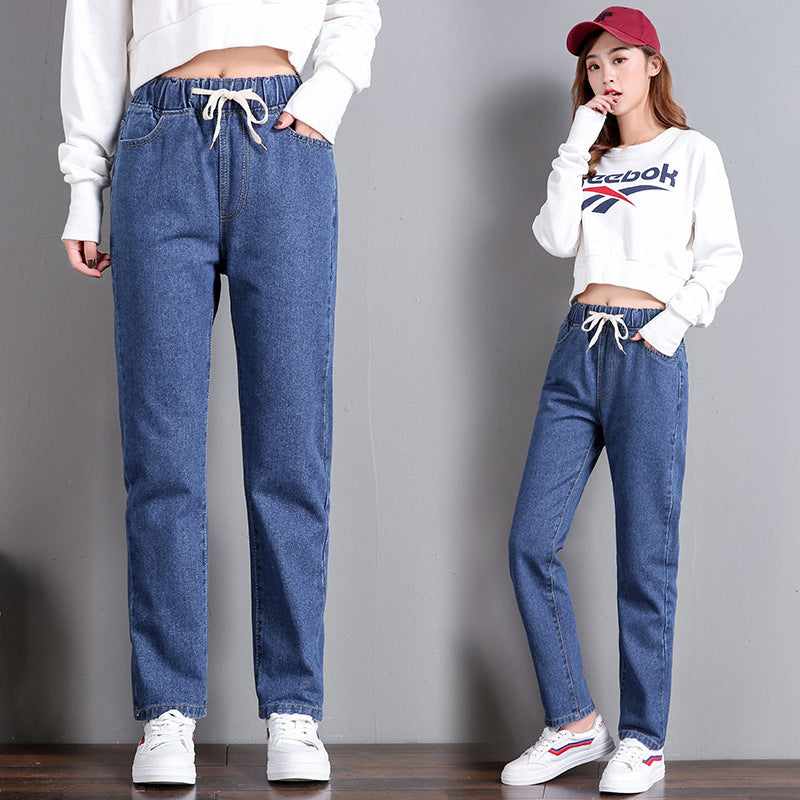High-Waist Elastic Lace-Up Jeans