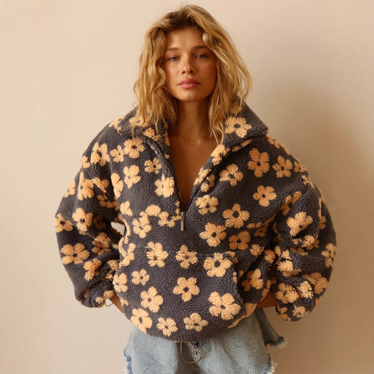 Floral Lambskin Zip-Up Pullover with Pocket
