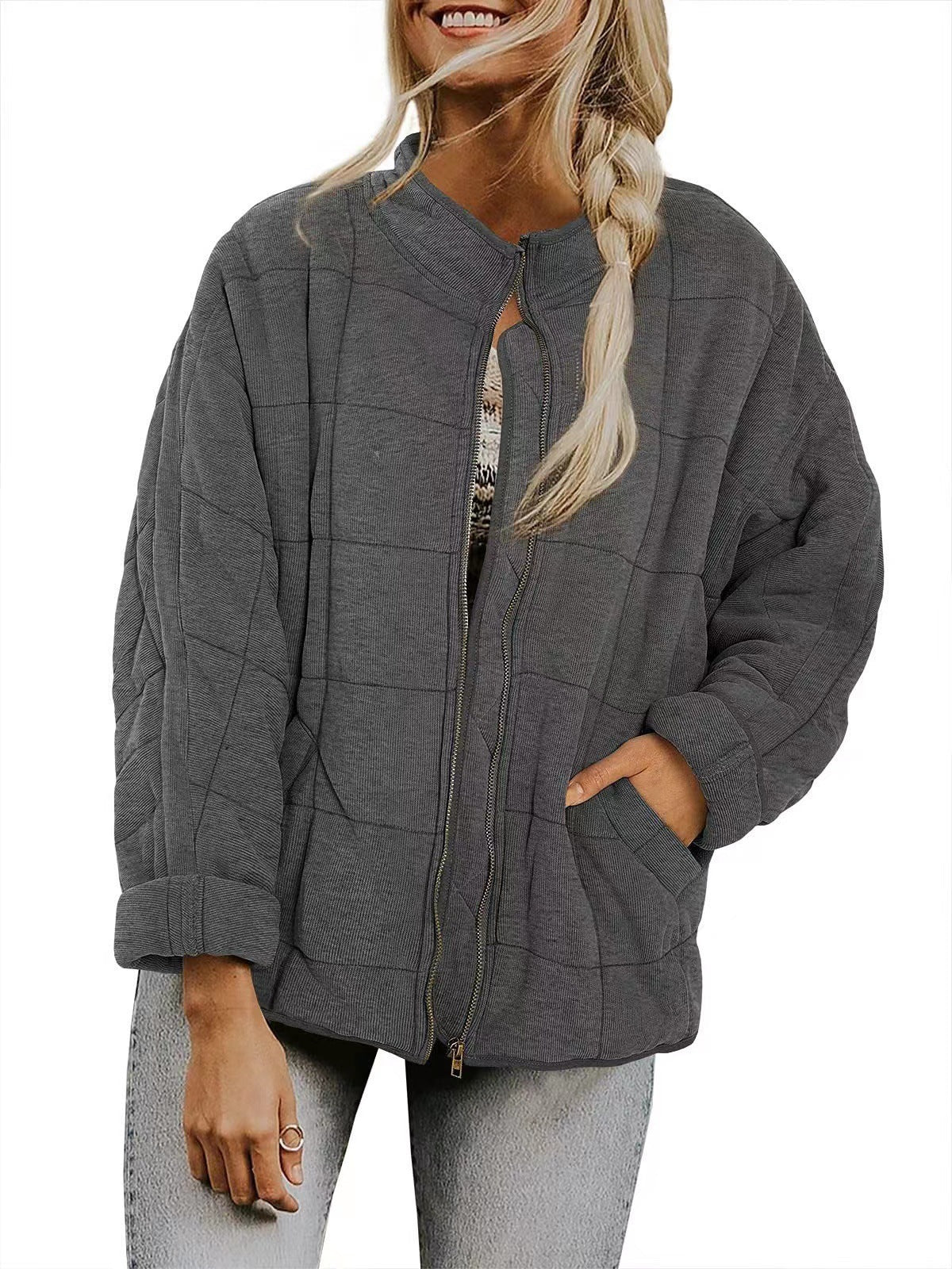 Solid Color Stand Collar Zip-Up Jacket