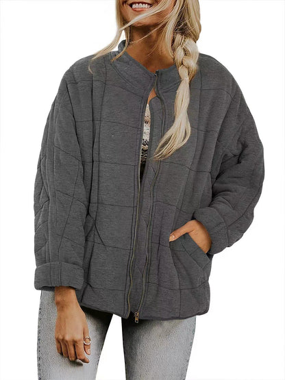 Solid Color Stand Collar Zip-Up Jacket