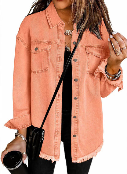 Frayed Hem Washed Denim Jacket