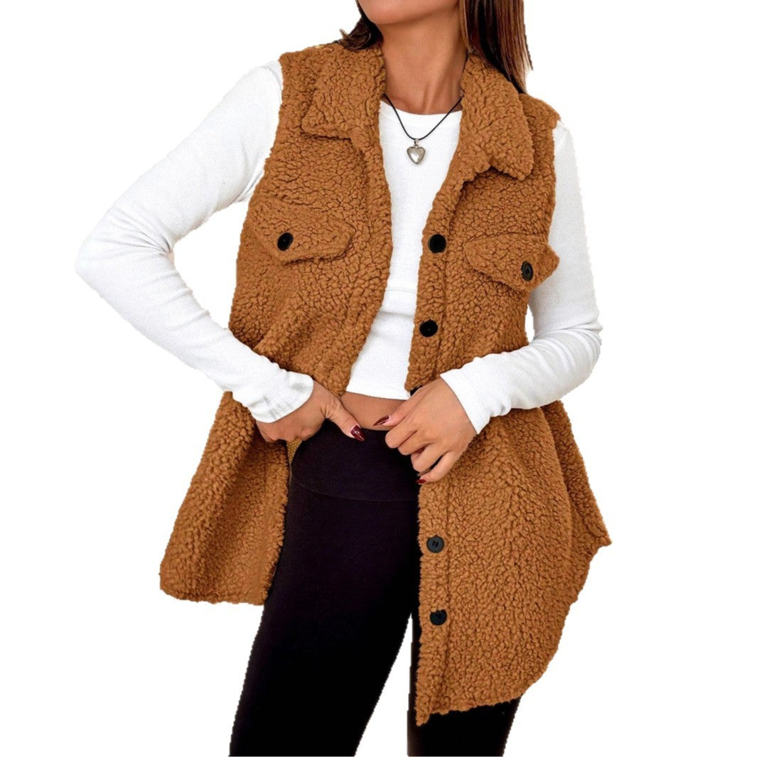 Lapel Open-Front Plush Vest Cardigan
