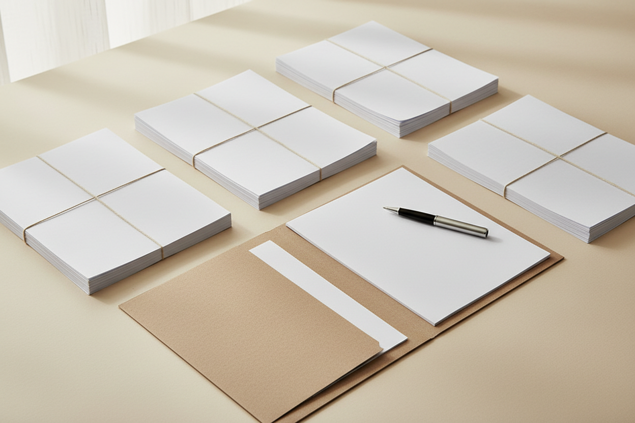 A clean, editorial-style photograph representing policies and compliance, featuring neatly organized paper documents, a simple clipboard or folder, and a pen placed on a light, neutral surface. Soft natural lighting with warm beige and off-white tones that complement the color #e7d6c0. Minimal, professional, and trustworthy atmosphere. No people, no logos, no text on documents, no branding, and no promotional elements. Realistic, high-resolution photography suitable for an online fashion brand About Us page