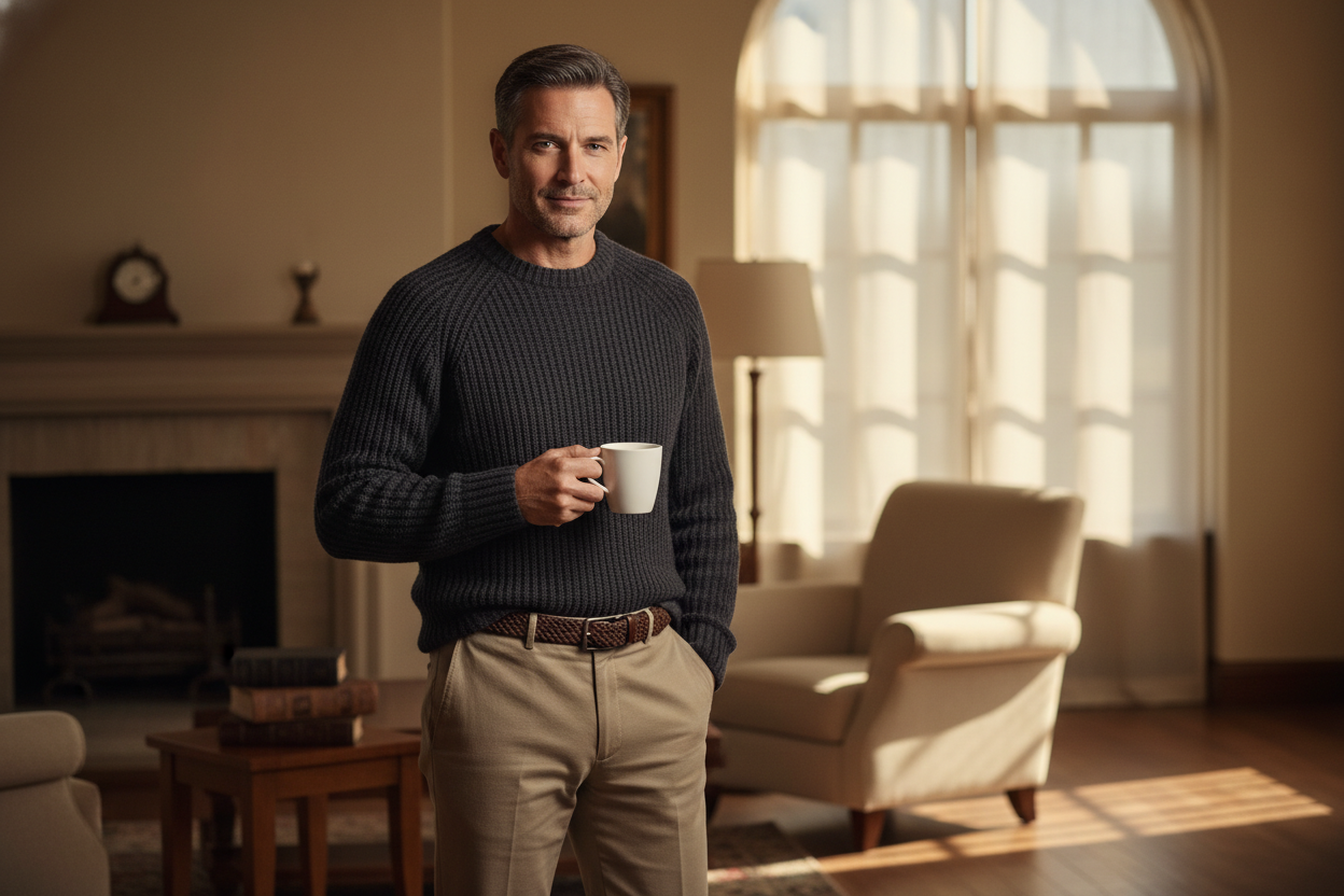 A confident male model in a warm, softly lit indoor setting. Wearing a textured dark knit sweater, beige trousers with a brown belt, holding a white coffee mug in one hand. Relaxed, natural pose with subtle expression. Cozy, elegant, timeless atmosphere with soft shadows and minimal background details. High-end lifestyle fashion editorial style, no text, no logos.