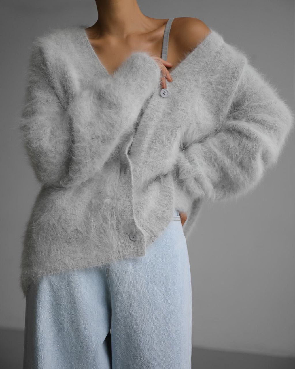 V-Neck Fuzzy Button Cardigan