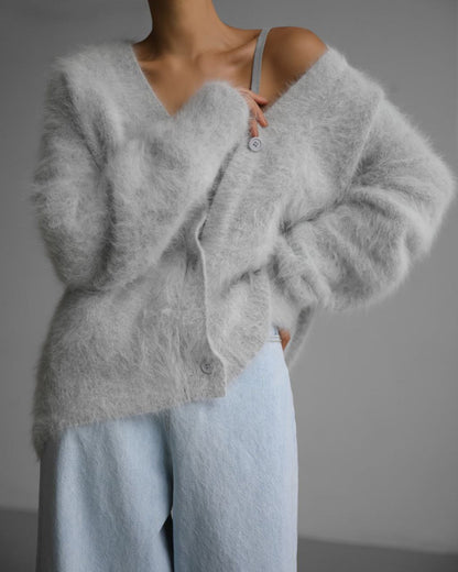 V-Neck Fuzzy Button Cardigan