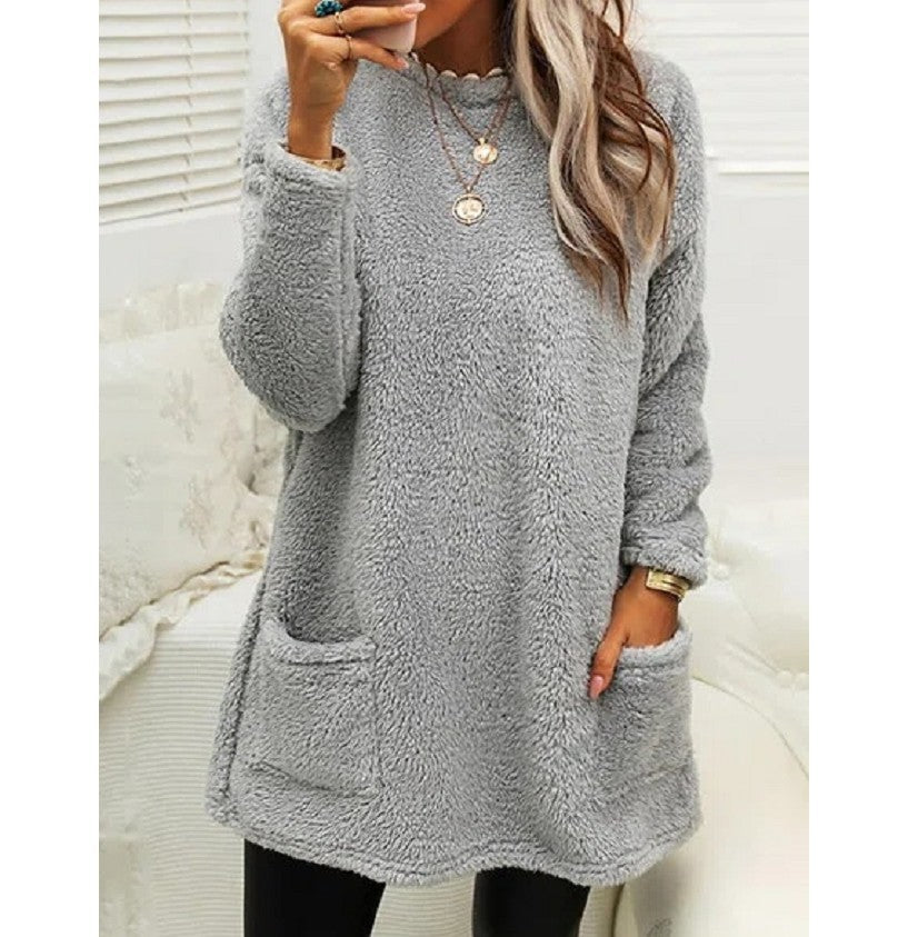Fleece Pullover Long Sweater with Pockets