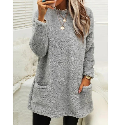 Fleece Pullover Long Sweater with Pockets