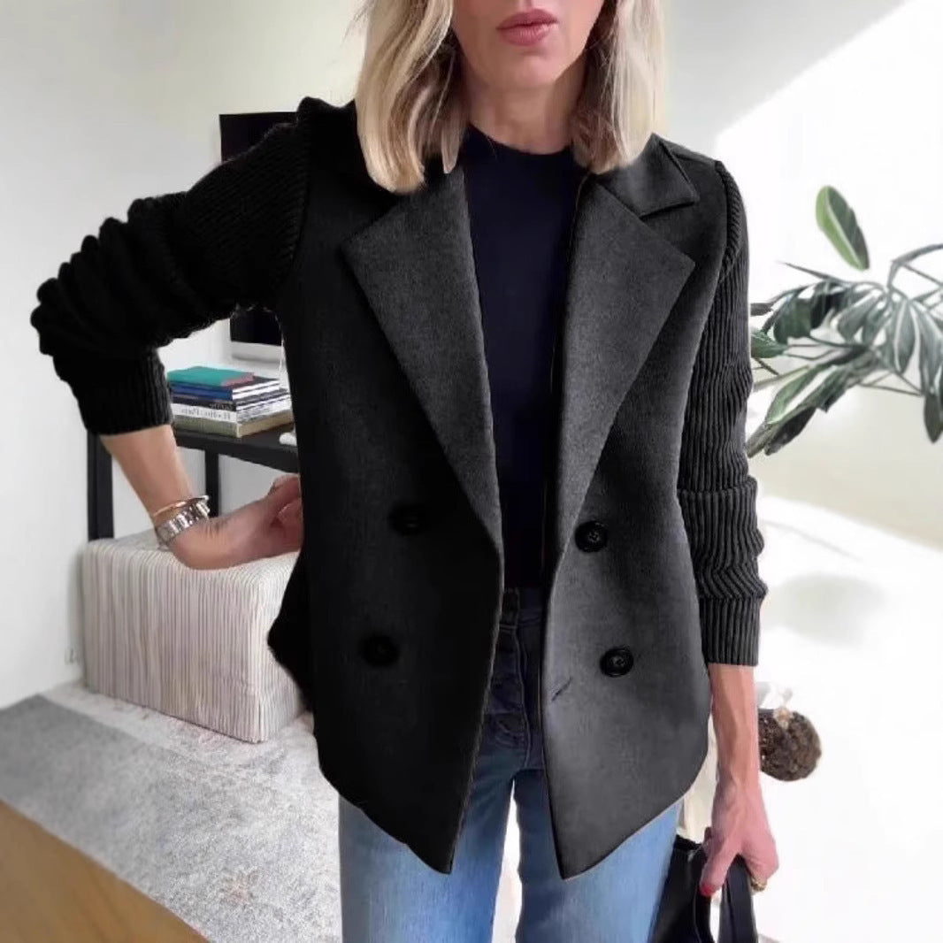 Double Breasted Lapel Coat with Knitted Sleeves