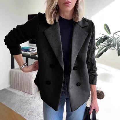 Double Breasted Lapel Coat with Knitted Sleeves