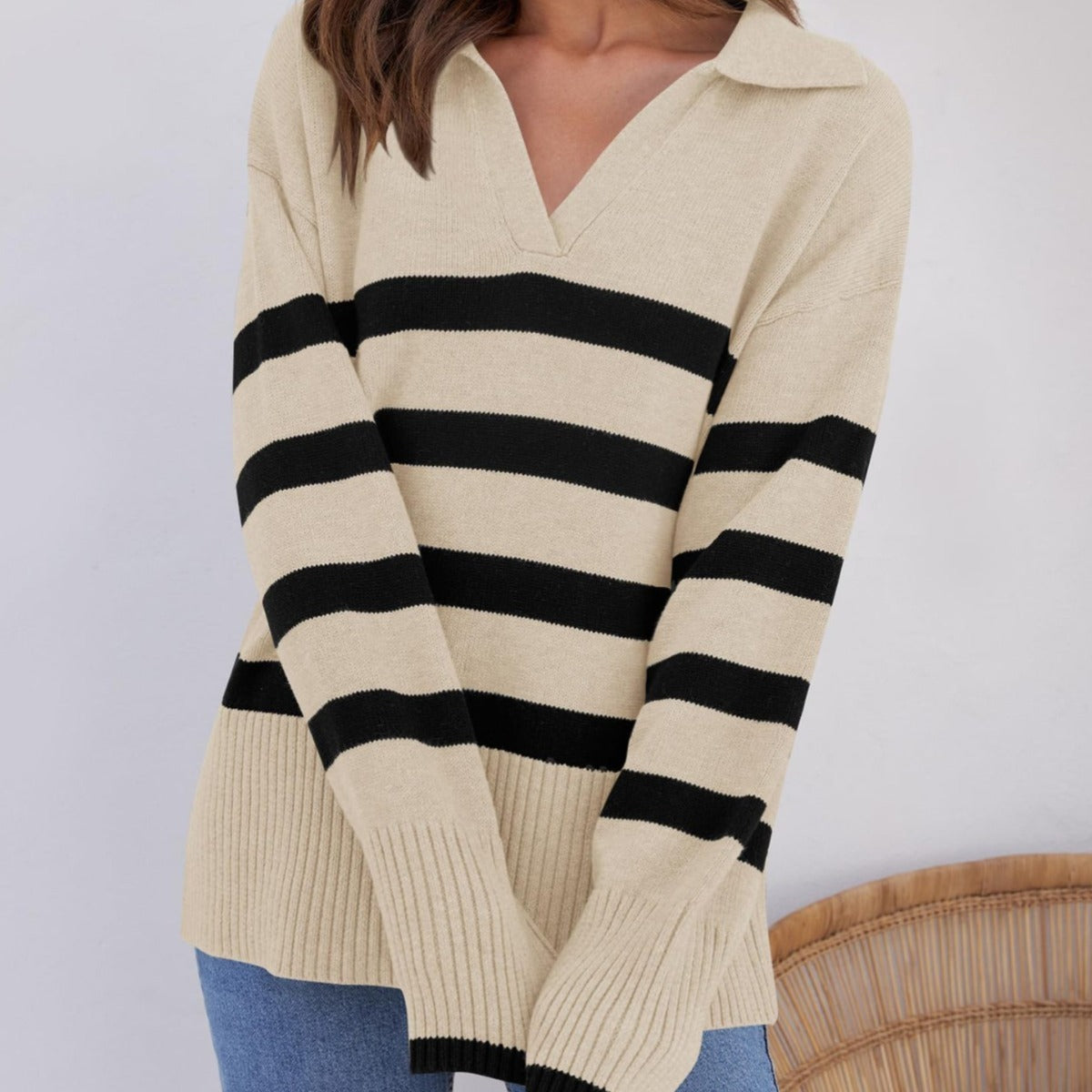 Loose Striped V-Neck Knit Sweater