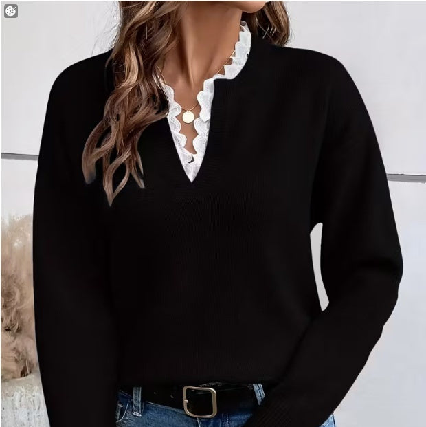 Lace-Trim V-Neck Elegance Sweater