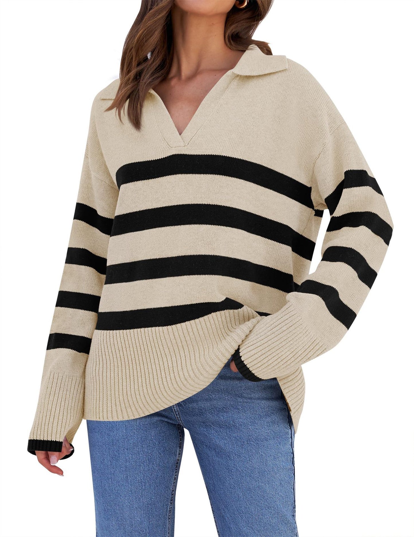 Loose Striped V-Neck Knit Sweater