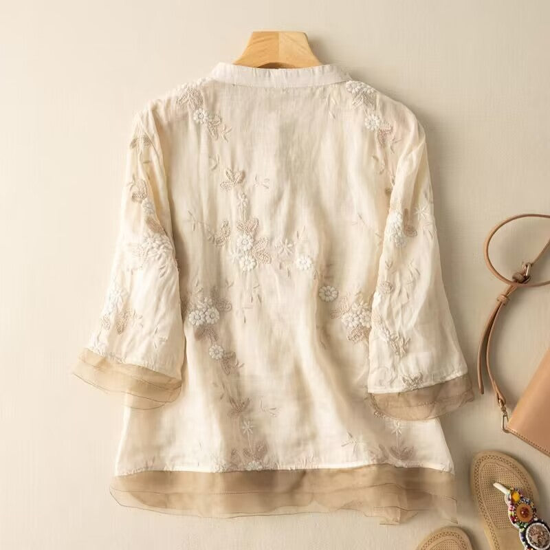 Retro Embroidered Cotton Linen Top