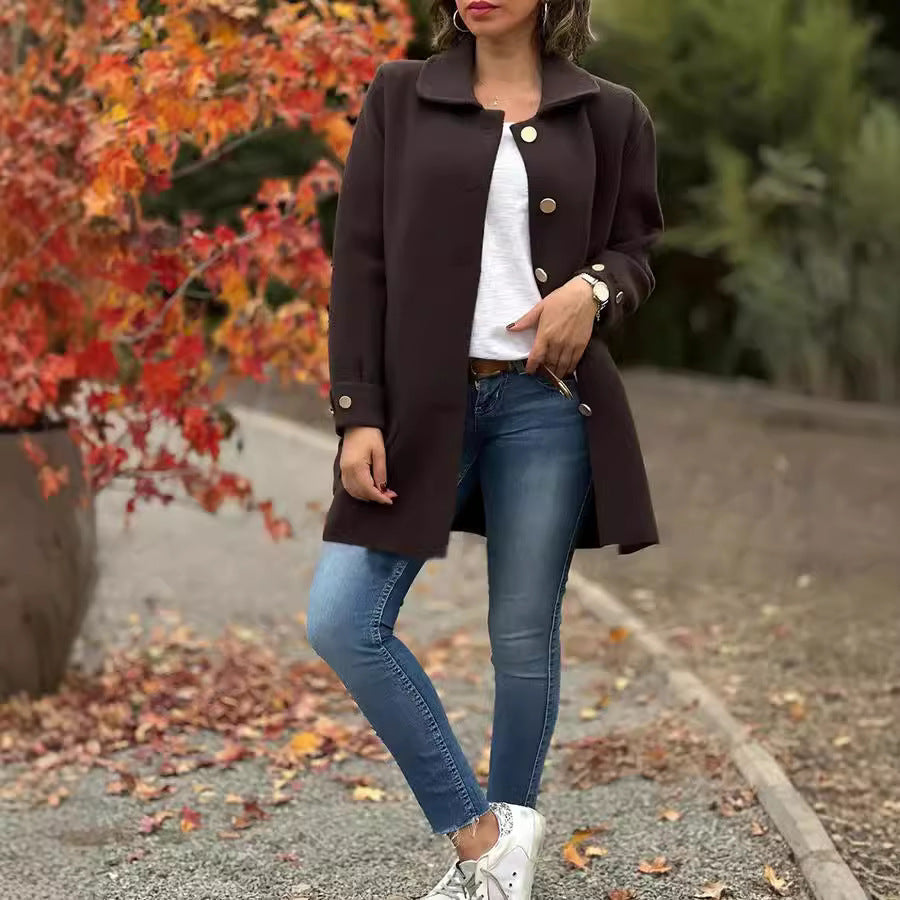 Woolen Bow Collar Casual Coat
