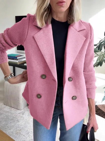 Double Breasted Lapel Coat with Knitted Sleeves