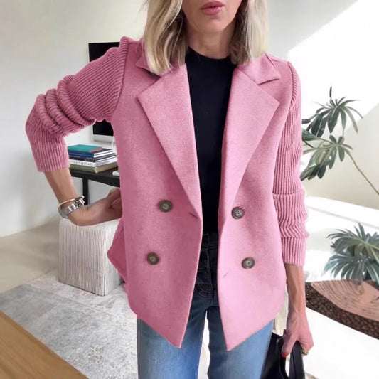 Double Breasted Lapel Coat with Knitted Sleeves