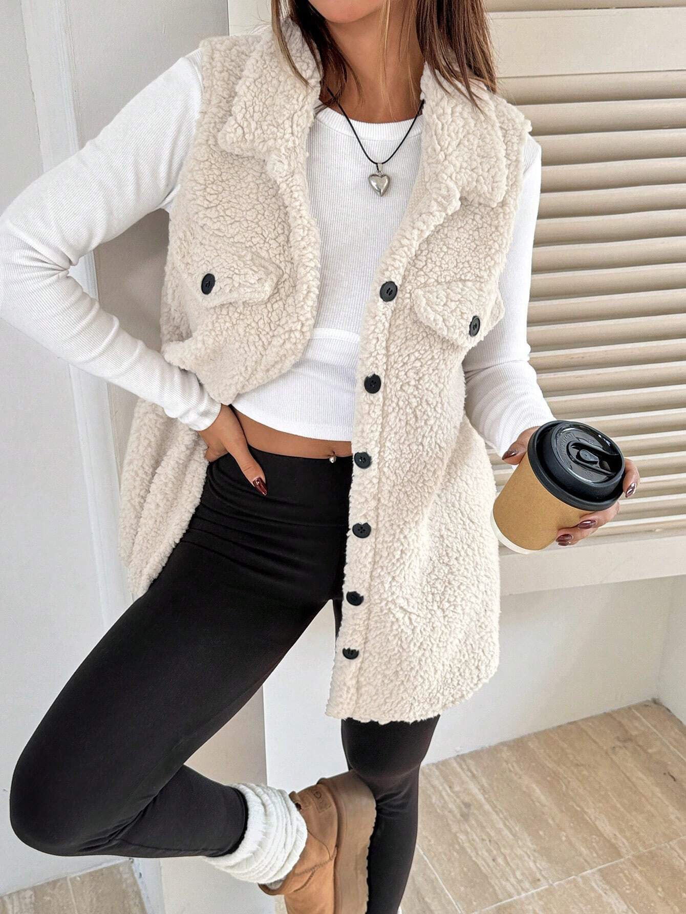 Lapel Open-Front Plush Vest Cardigan