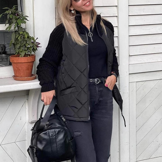 Stand Collar Quilted Knitted Jacket
