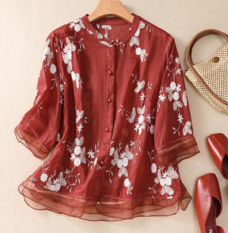 Retro Embroidered Cotton Linen Top