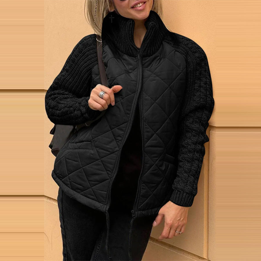Stand Collar Quilted Knitted Jacket