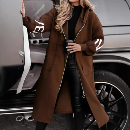 Hooded Knit-Sleeve Long Jacket