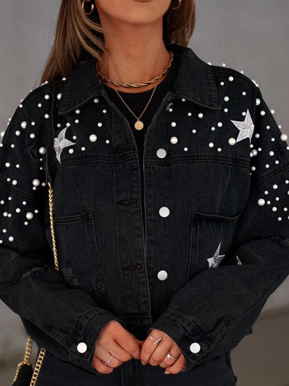 Pearl Embellished Loose Fit Denim Jacket