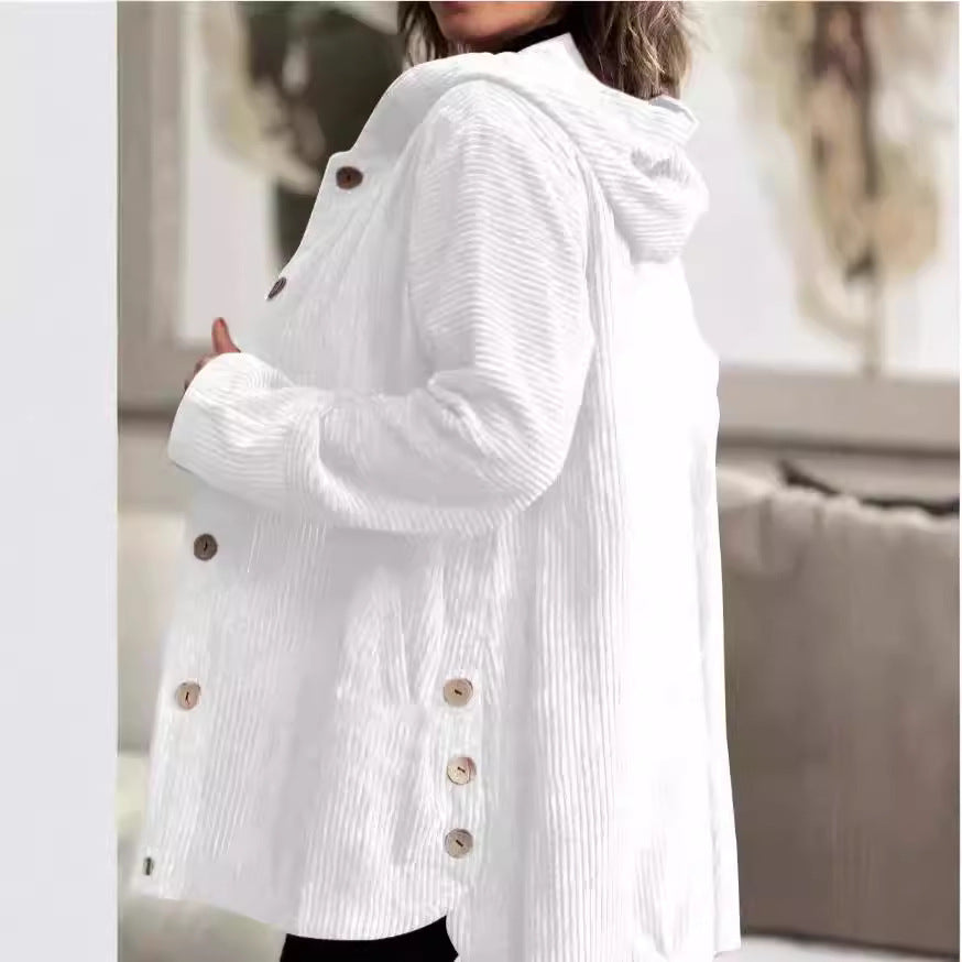 Hooded Corduroy Button-Up Casual Jacket