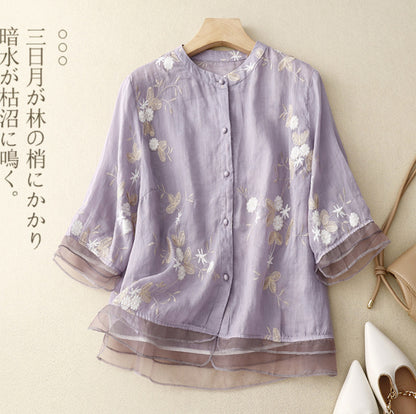 Retro Embroidered Cotton Linen Top