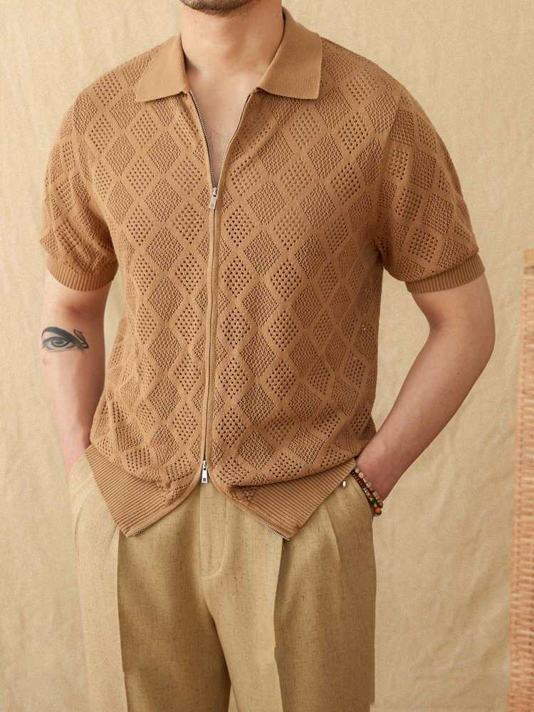 Moda Elite | Bawełniana koszulka polo z ażurowym zamkiem