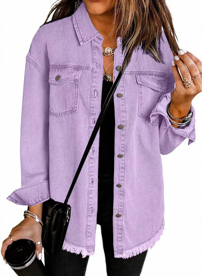 Frayed Hem Washed Denim Jacket