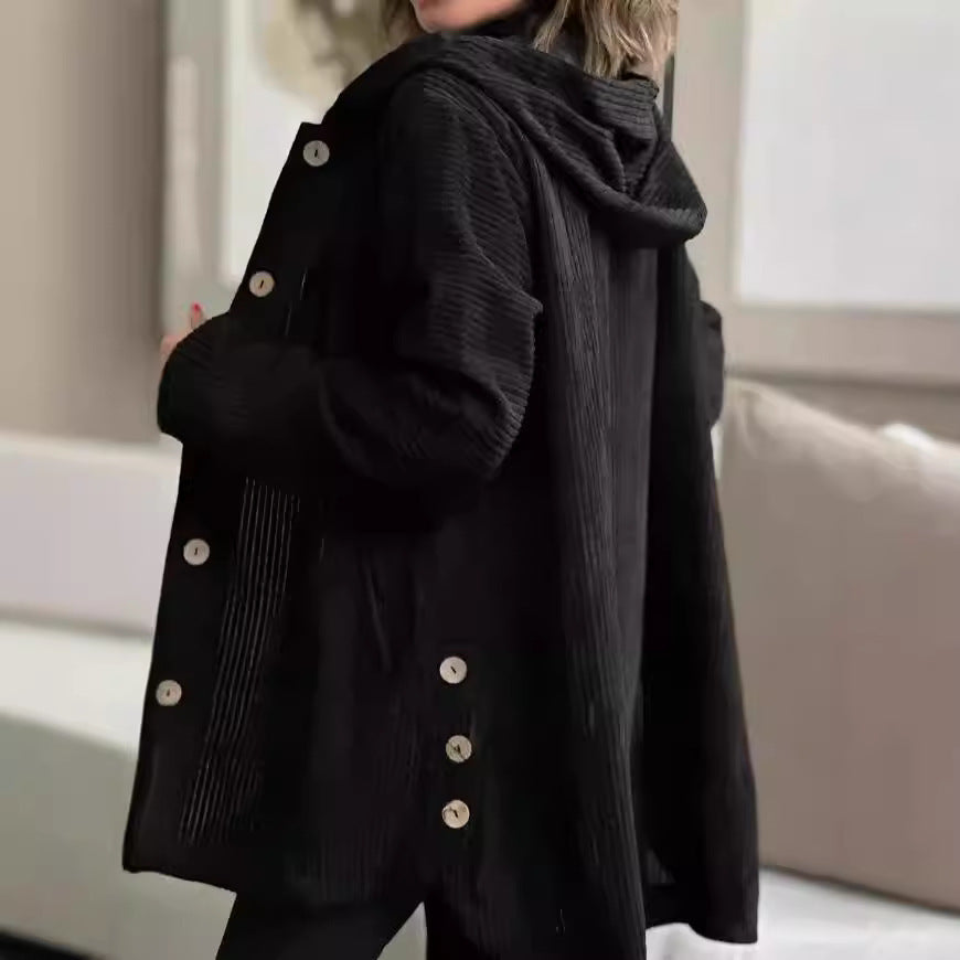 Hooded Corduroy Button-Up Casual Jacket