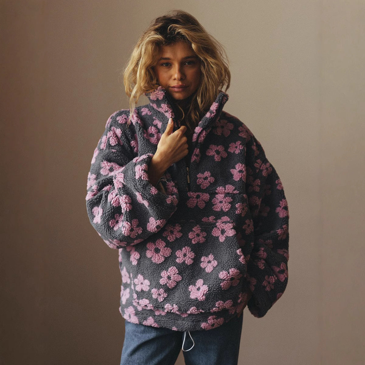 Floral Lambskin Zip-Up Pullover with Pocket