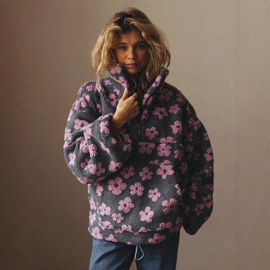 Floral Lambskin Zip-Up Pullover with Pocket