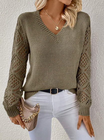Hollow Sleeve V-Neck Knit Pullover