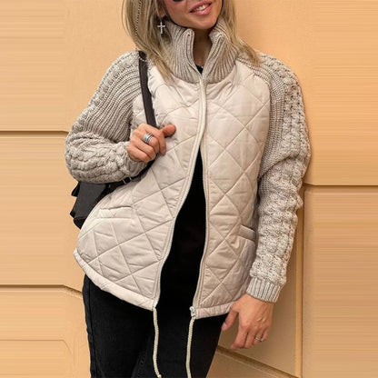 Stand Collar Quilted Knitted Jacket