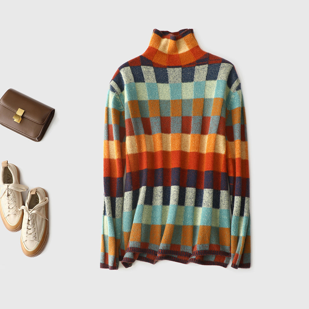 Checkerboard Wool Turtleneck Sweater