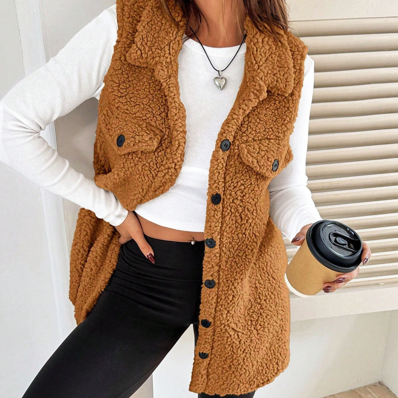 Lapel Open-Front Plush Vest Cardigan