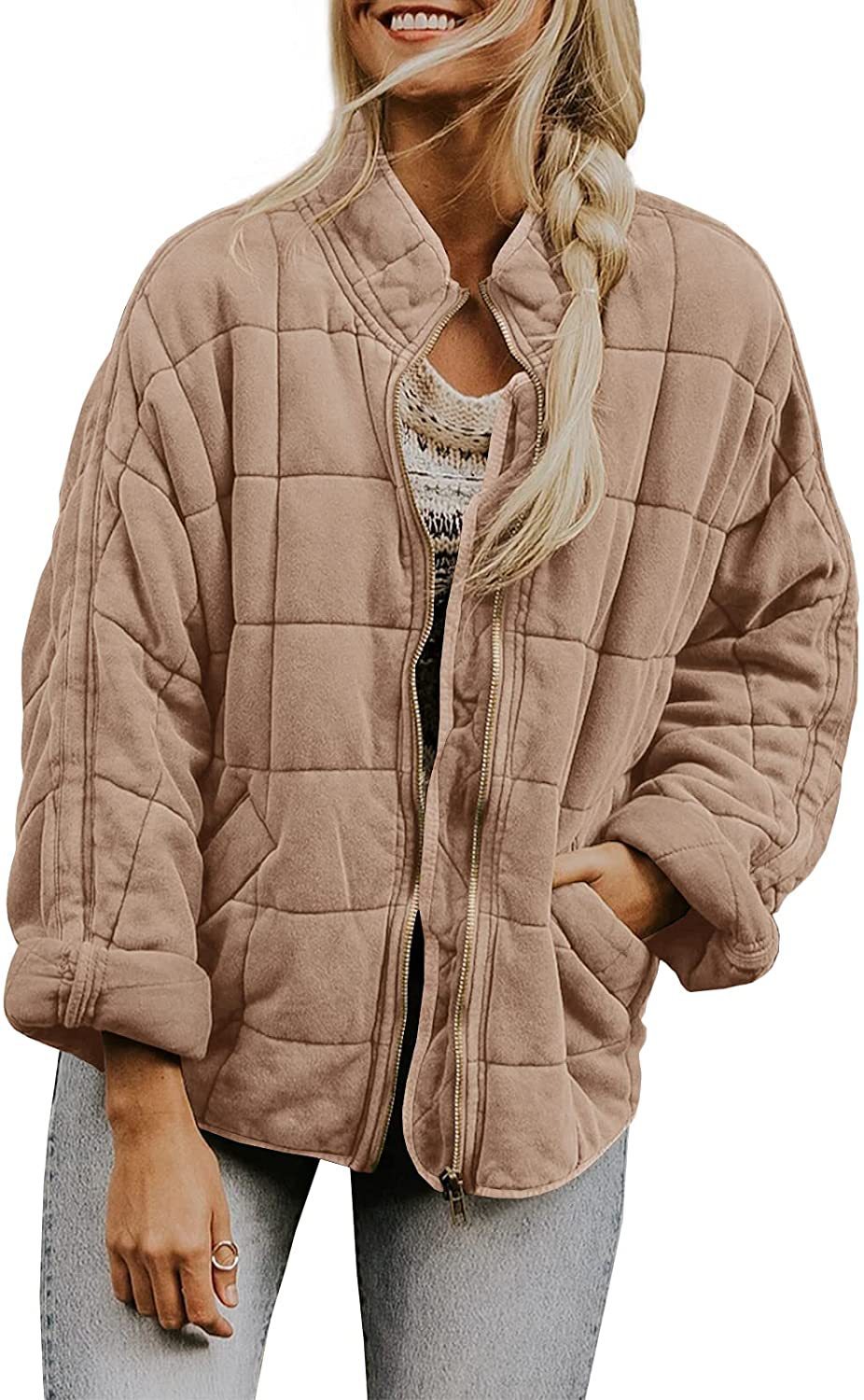 Solid Color Stand Collar Zip-Up Jacket