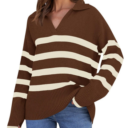 Loose Striped V-Neck Knit Sweater