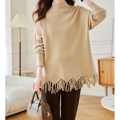 Half-Turtleneck Knit Sweater with Tassel Cape Hem