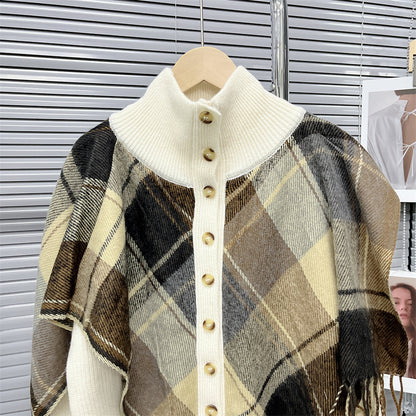 Turtleneck Plaid Tassel Shawl Knit Cardigan