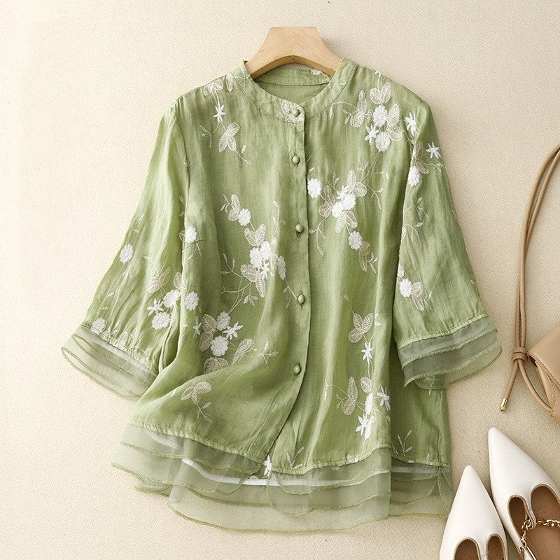 Retro Embroidered Cotton Linen Top