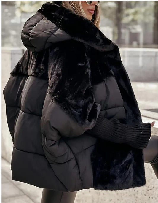 Hooded Faux Fur Patchwork Cotton Coat
